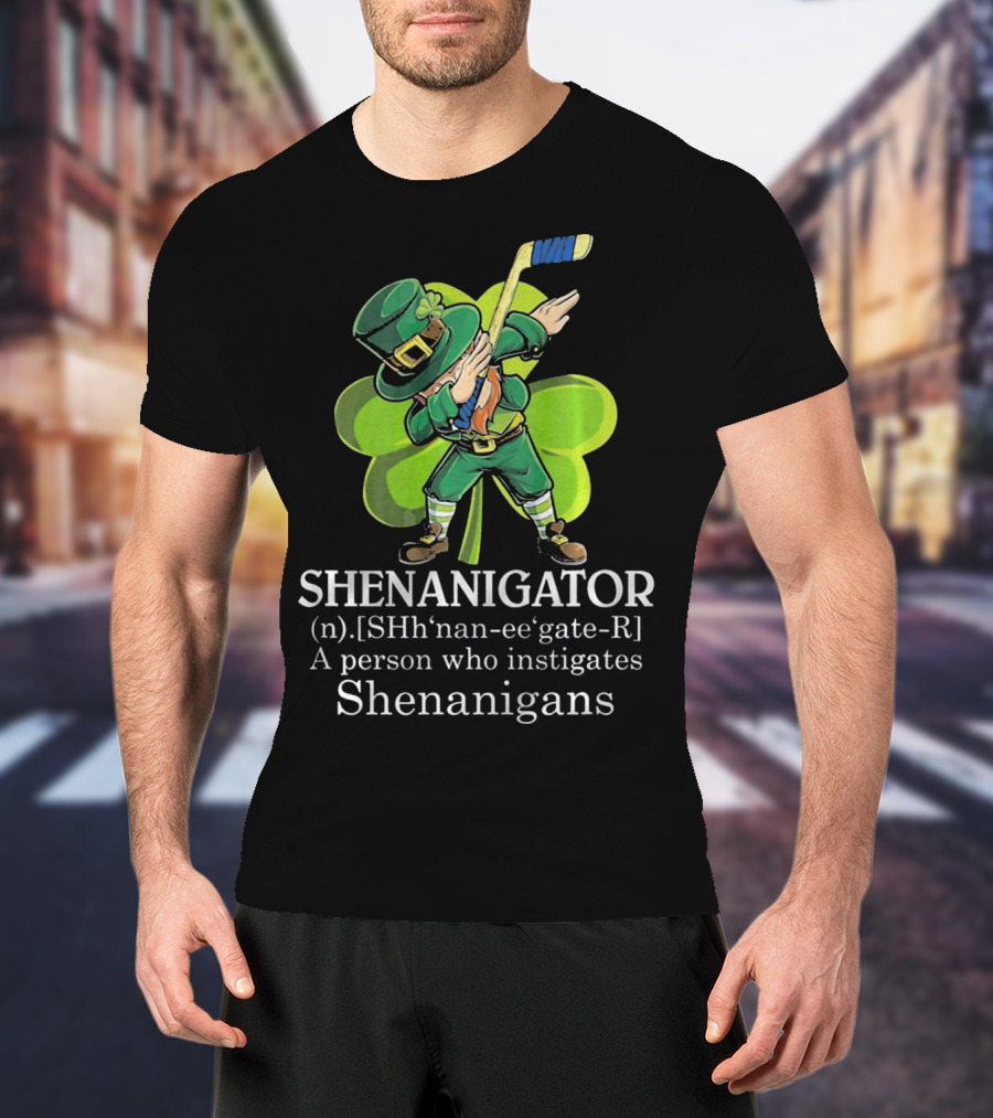 Shenanigator Dabbing Leprechaun Instigates Shenanigans Hockey Shamrock T-Shirt