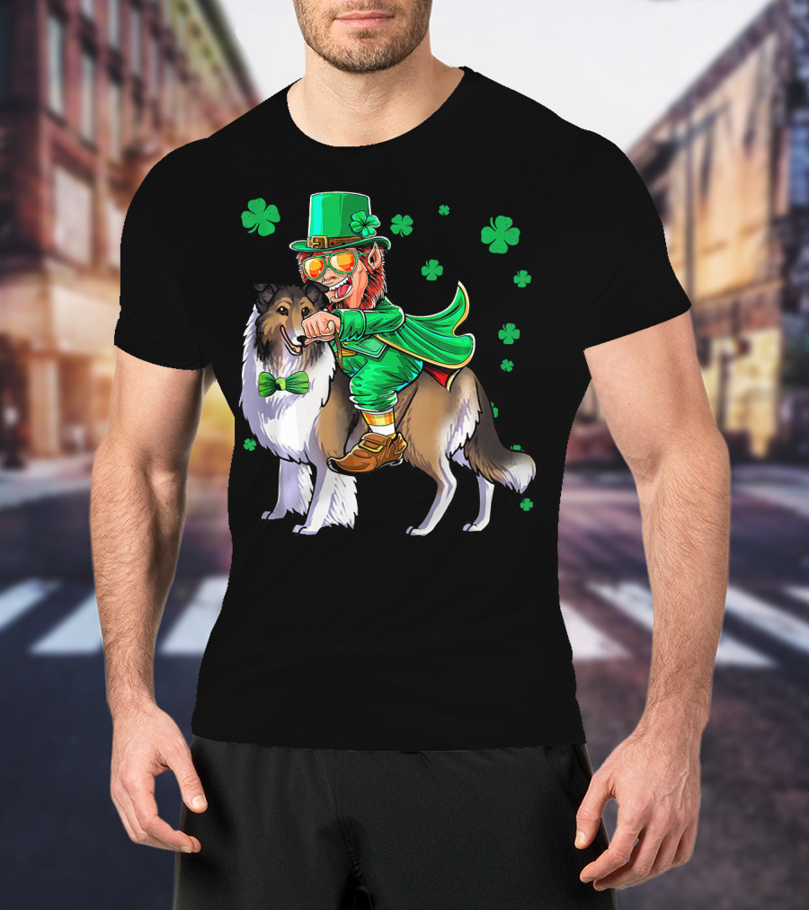 Leprechaun Riding Collie With Shamrocks For St. Patrick's Day T-Shirt