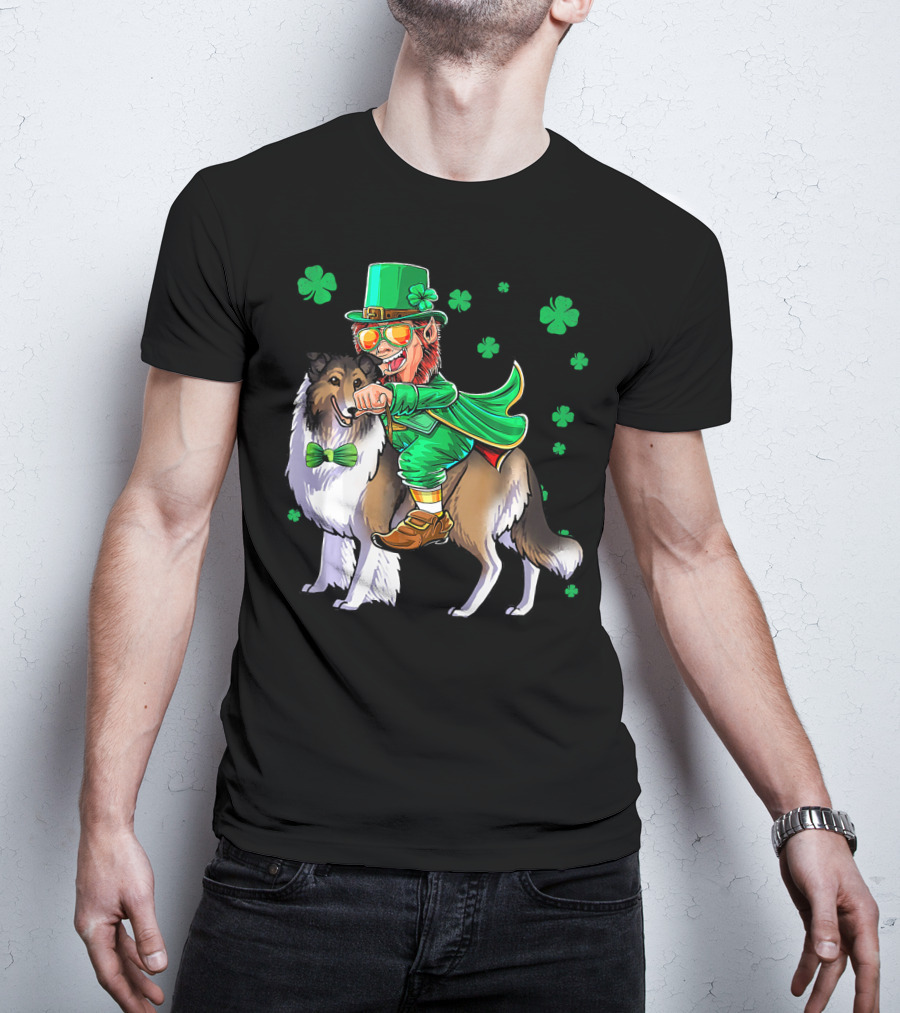 Leprechaun Riding Collie With Shamrocks For St. Patrick's Day T-Shirt