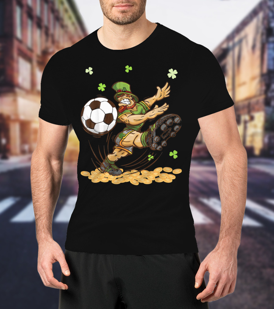 Leprechaun Playing Soccer Surrounded By Shamrocks And Gold Coins T-Shirt