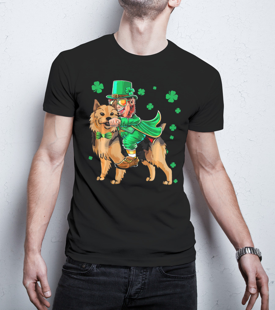 Leprechaun Riding Australian Terrier With Shamrocks T-Shirt