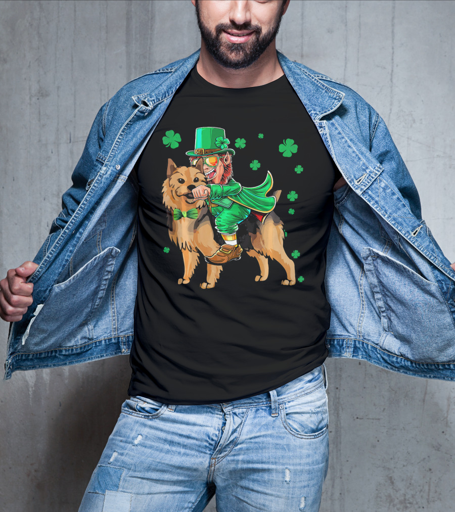 Leprechaun Riding Australian Terrier With Shamrocks T-Shirt