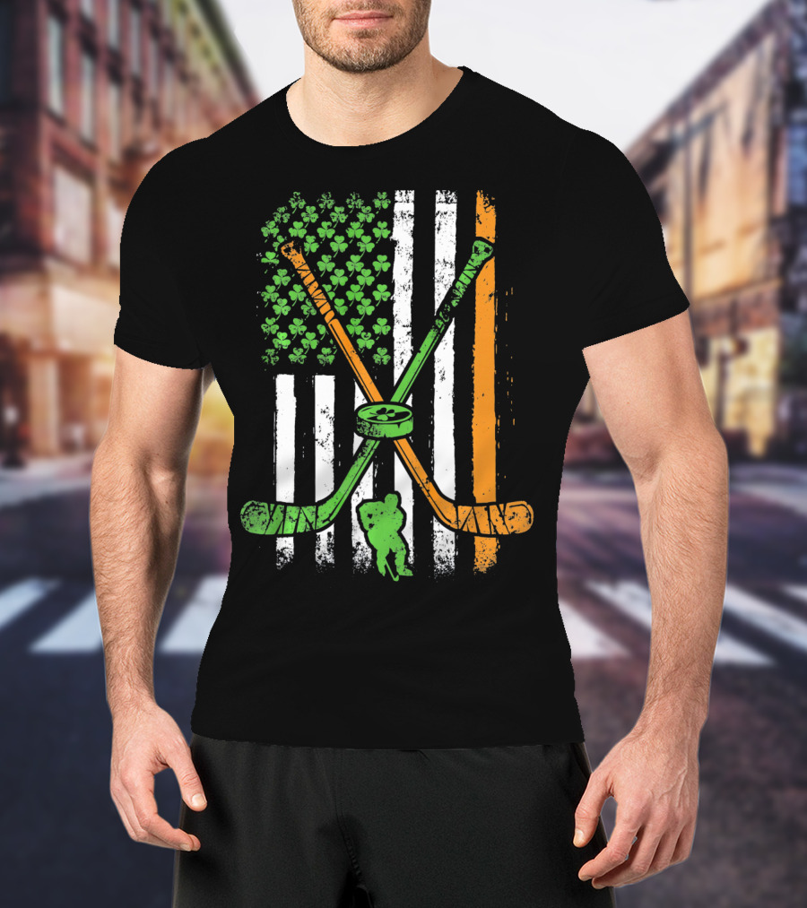 Irish American Flag Shamrock Hockey Sticks Player T-Shirt