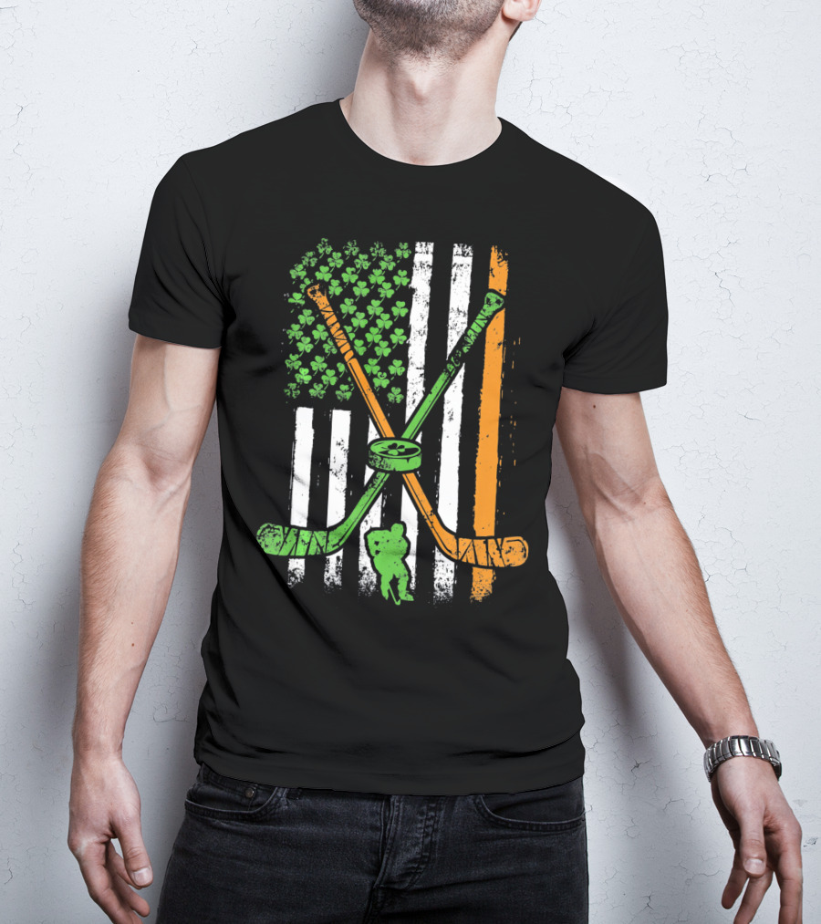 Irish American Flag Shamrock Hockey Sticks Player T-Shirt
