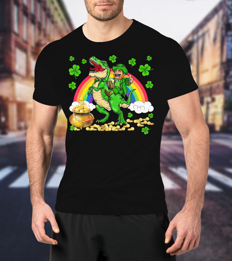 Leprechaun Riding Dinosaur With Rainbow And Pot Of Gold T-Shirt