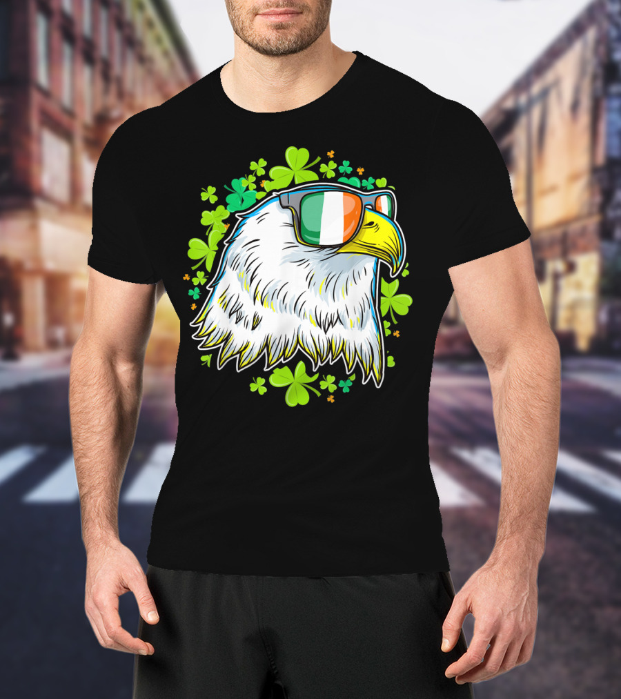 Mens Funny St Patricks Day Eagle Clover Sunglasses T-Shirt