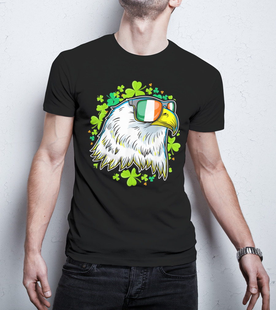 Mens Funny St Patricks Day Eagle Clover Sunglasses T-Shirt