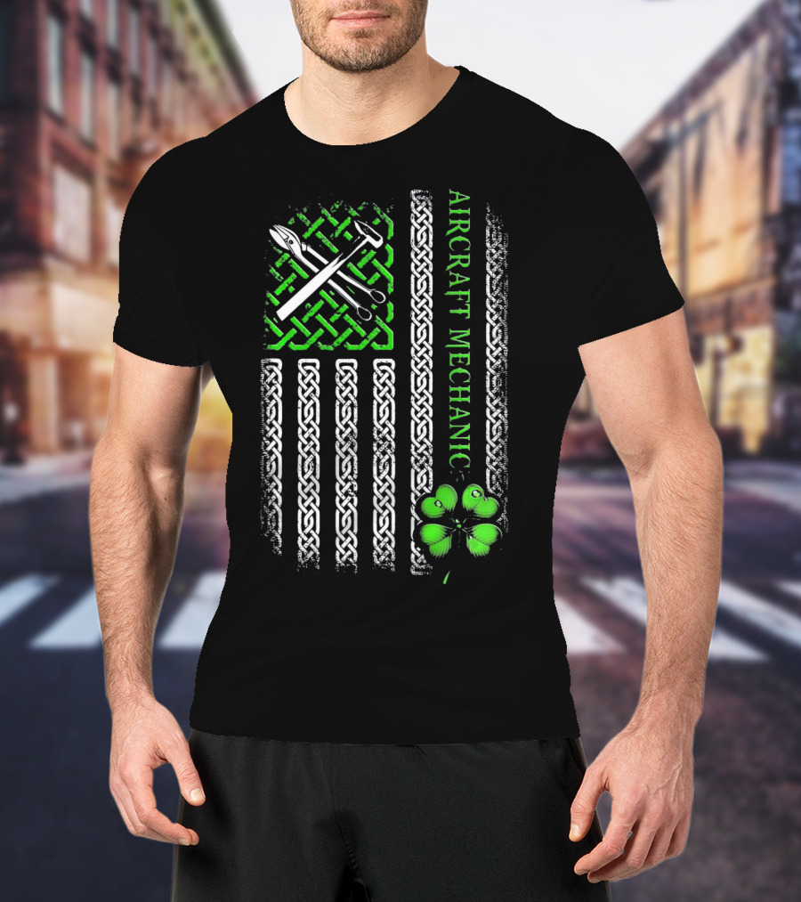 Aircraft Mechanic Clover Flag Celtic Knot T-Shirt