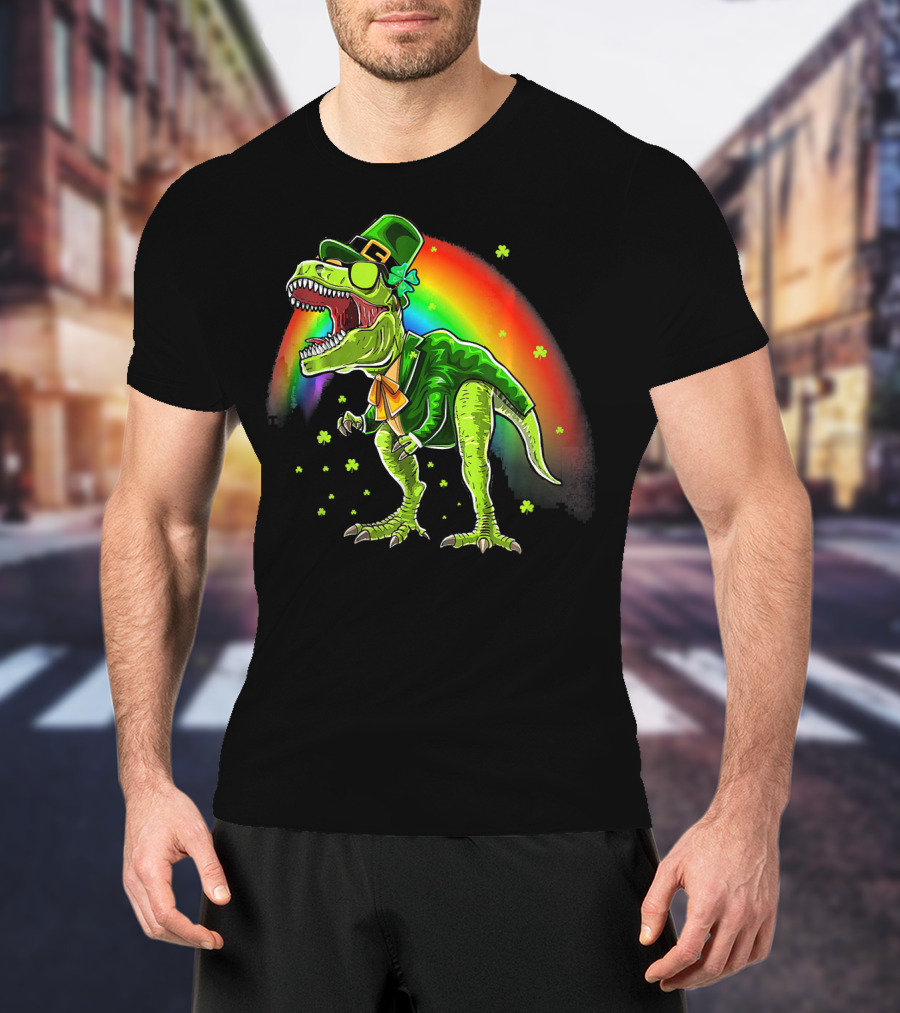 St. Patricks Day T-Rex Dinosaur Leprechaun With Rainbow And Shamrocks T-Shirt
