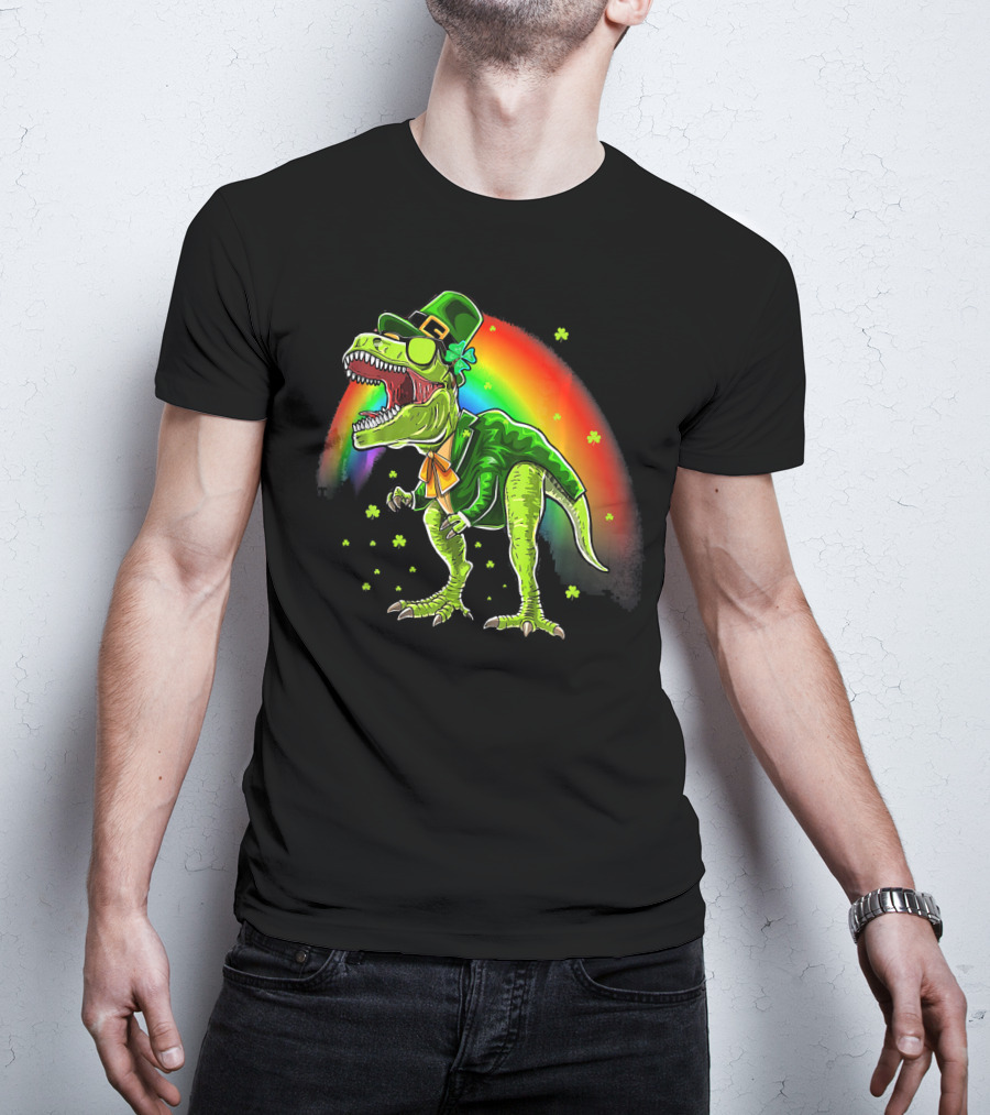 St. Patricks Day T-Rex Dinosaur Leprechaun With Rainbow And Shamrocks T-Shirt