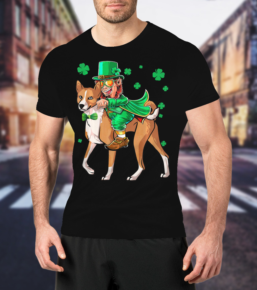 Leprechaun Riding Basenji With Shamrocks St Patricks T-Shirt