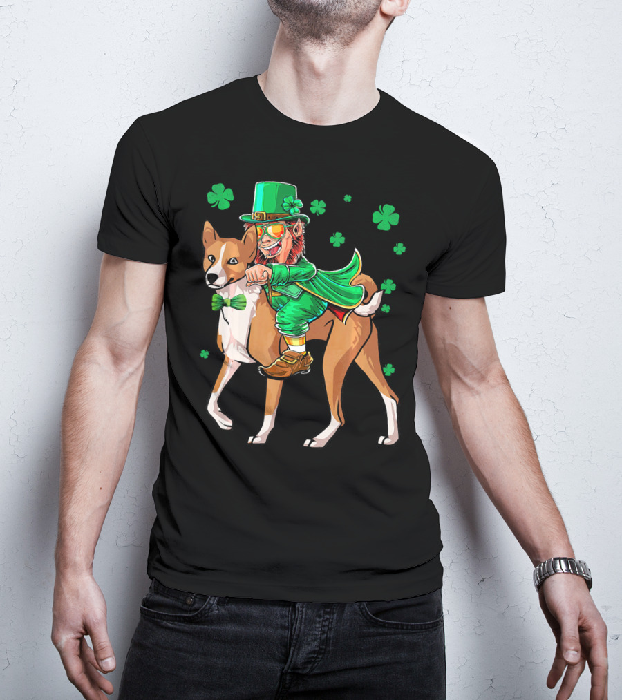Leprechaun Riding Basenji With Shamrocks St Patricks T-Shirt