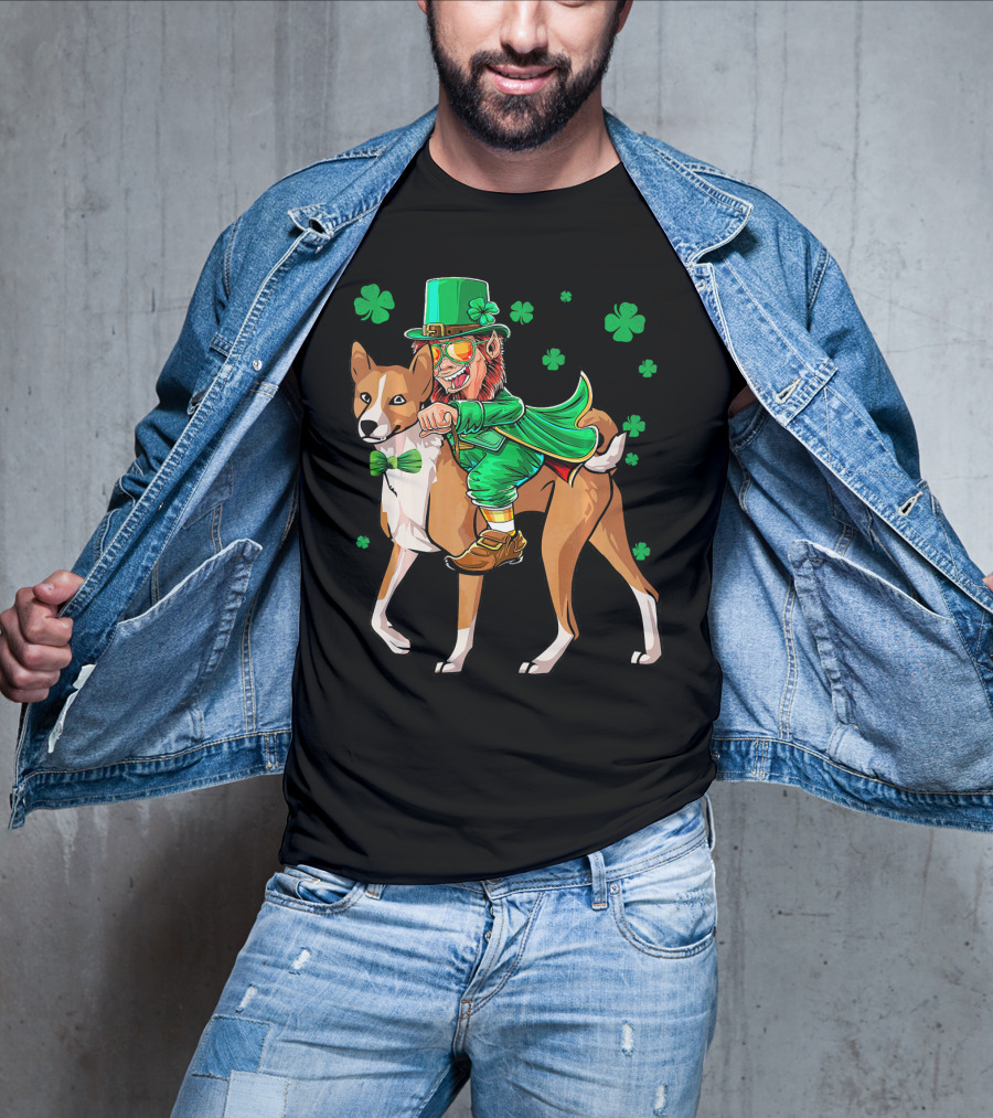 Leprechaun Riding Basenji With Shamrocks St Patricks T-Shirt