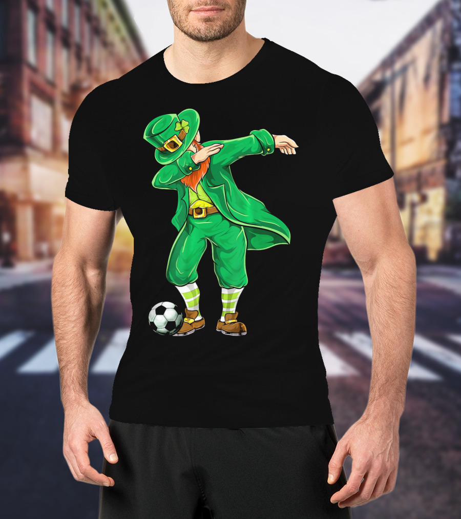 Dabbing Leprechaun Irish Soccer With Football And Shamrock Hat T-Shirt