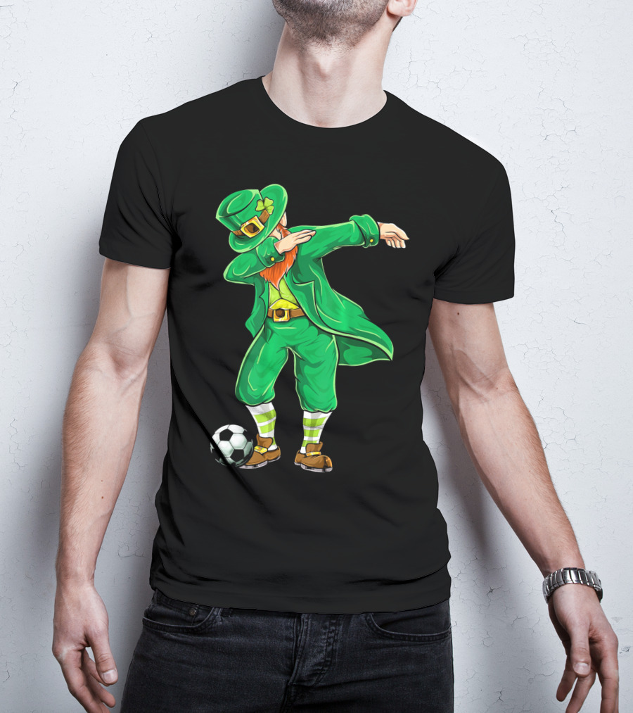Dabbing Leprechaun Irish Soccer With Football And Shamrock Hat T-Shirt