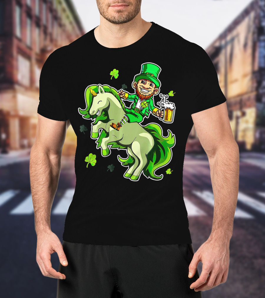 Leprechaun Riding A Green Unicorn Holding Beer With Shamrocks T-Shirt