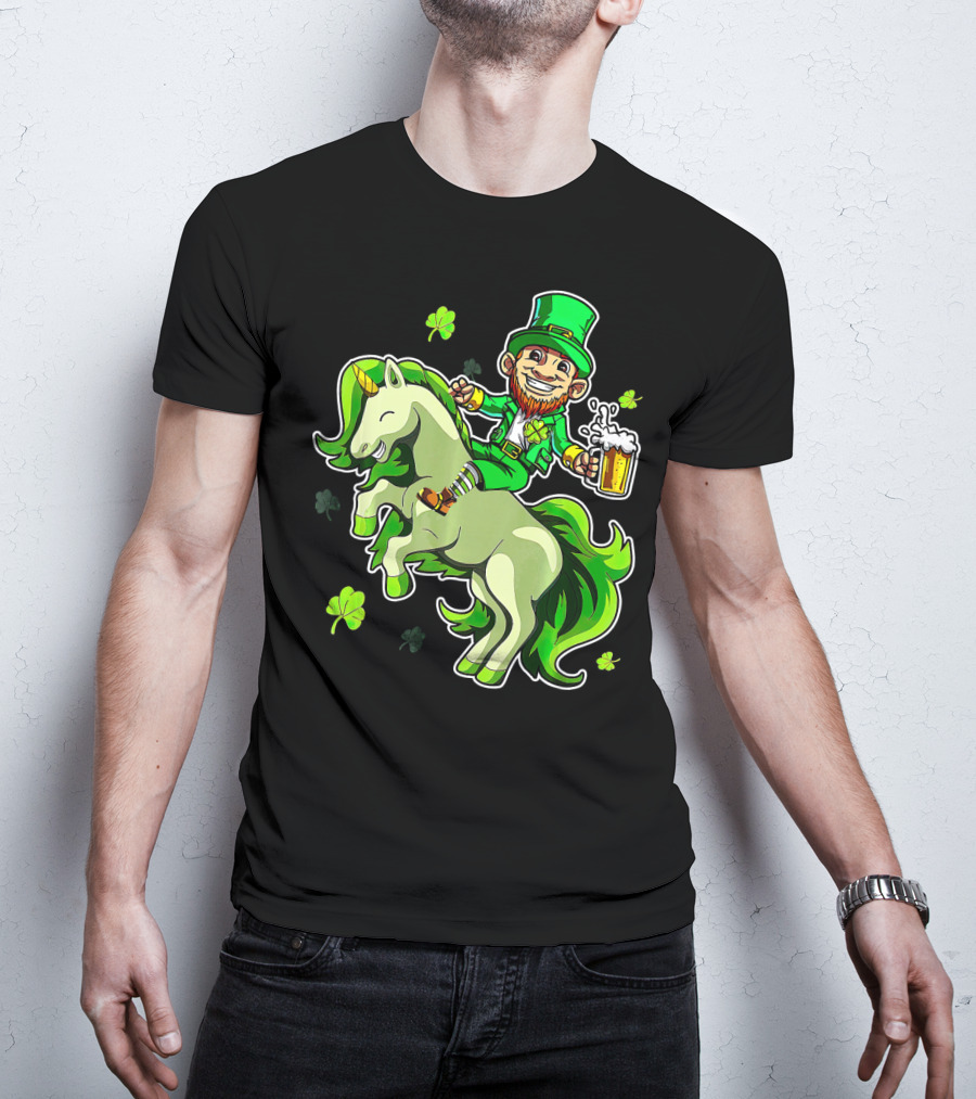 Leprechaun Riding A Green Unicorn Holding Beer With Shamrocks T-Shirt