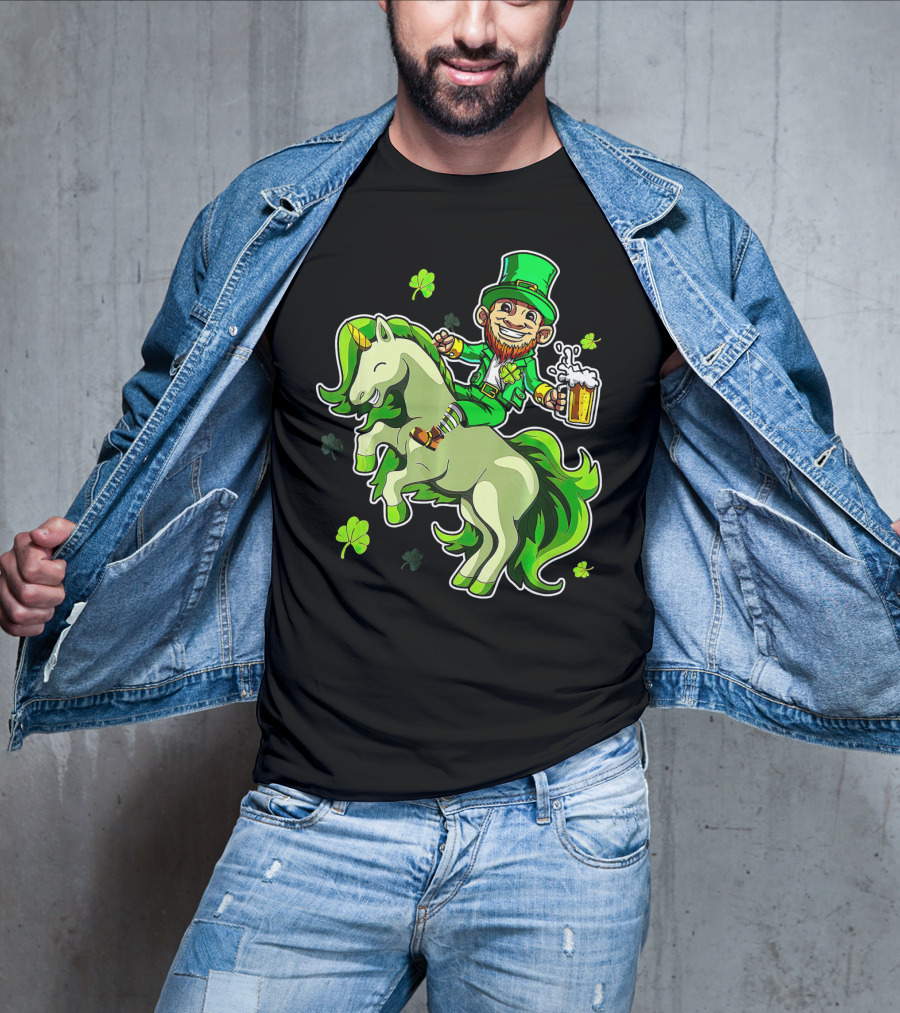 Leprechaun Riding A Green Unicorn Holding Beer With Shamrocks T-Shirt