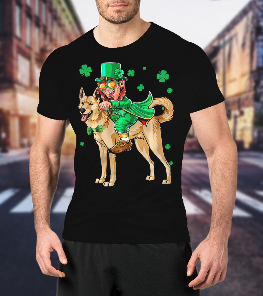 Leprechaun Riding Canaan Dog With Shamrock St. Patrick's Day T-Shirt