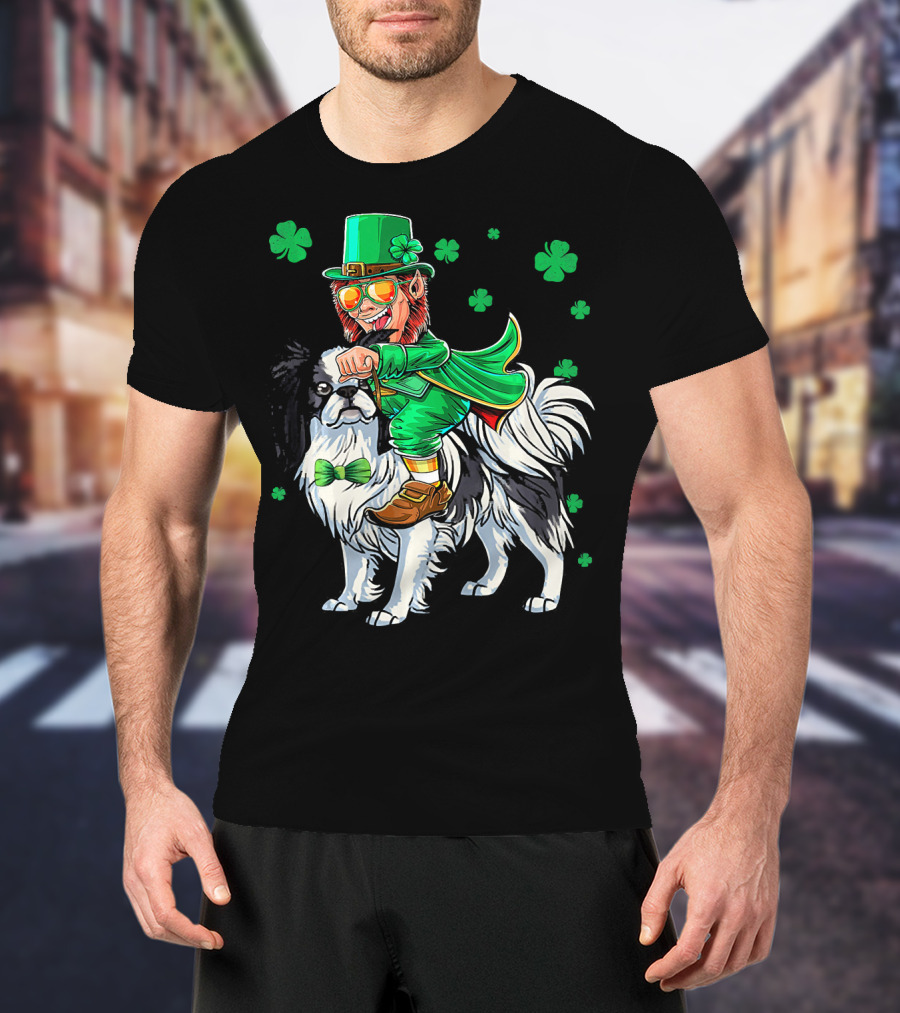 Leprechaun Riding Japanese Chin With Shamrock Clovers T-Shirt