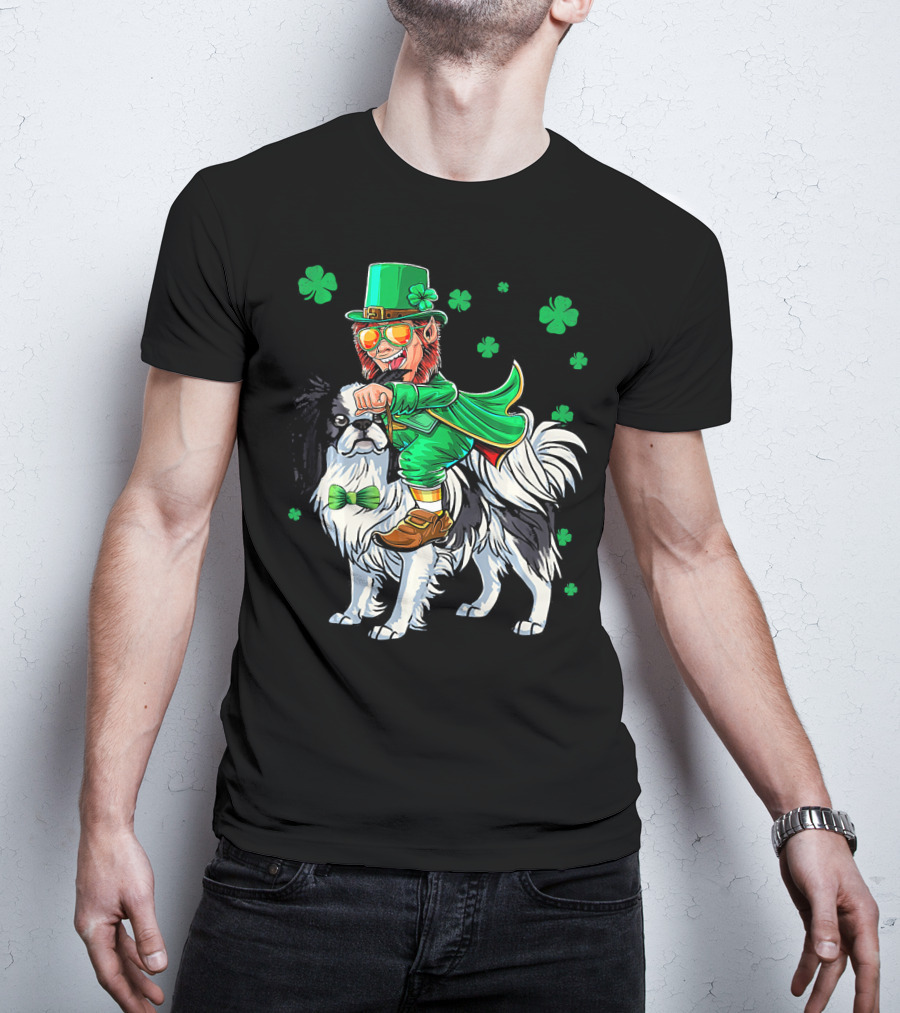 Leprechaun Riding Japanese Chin With Shamrock Clovers T-Shirt