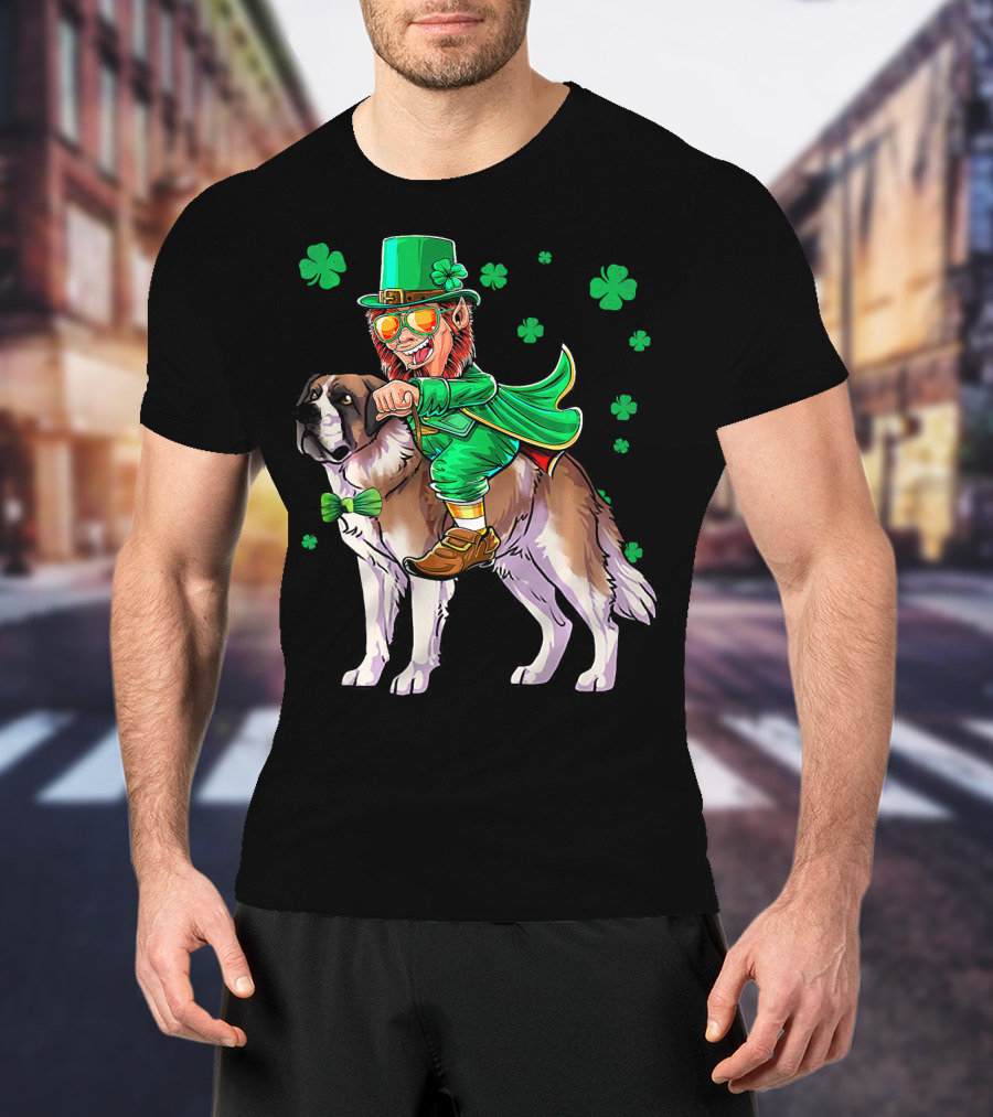 Leprechaun Riding Saint Bernard With Shamrocks T-Shirt