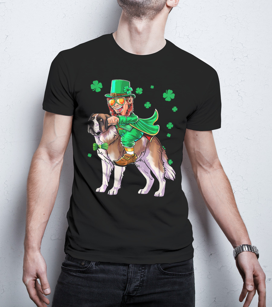 Leprechaun Riding Saint Bernard With Shamrocks T-Shirt