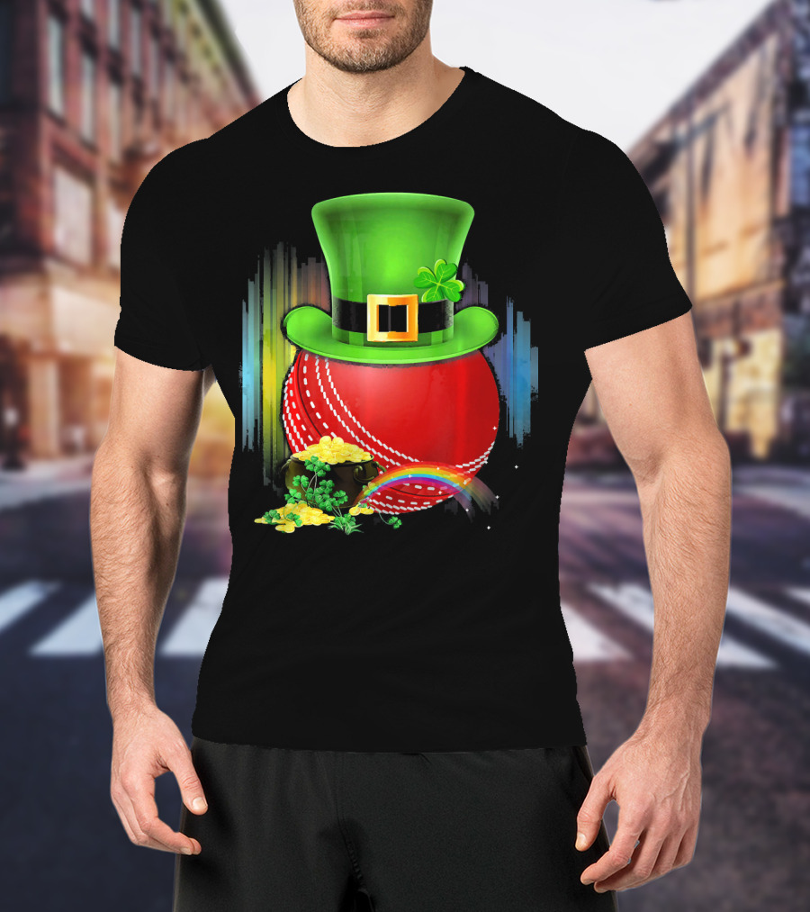 Cricket Ball Leprechaun Hat Rainbow Coin Saint Patricks T-Shirt