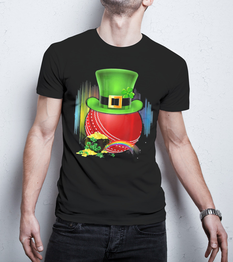 Cricket Ball Leprechaun Hat Rainbow Coin Saint Patricks T-Shirt