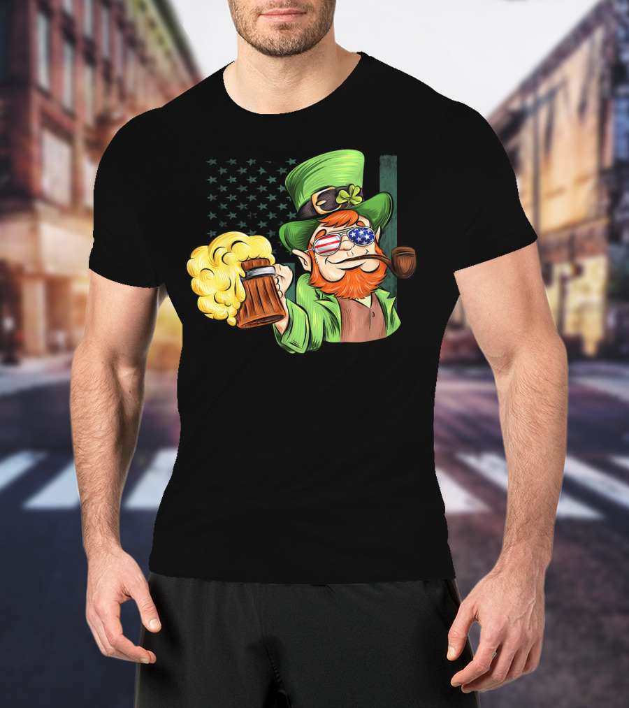 Funny Drunk Patriotic Leprechaun Beer Mug With Shamrock Hat And American Flag Sunglasses T-Shirt