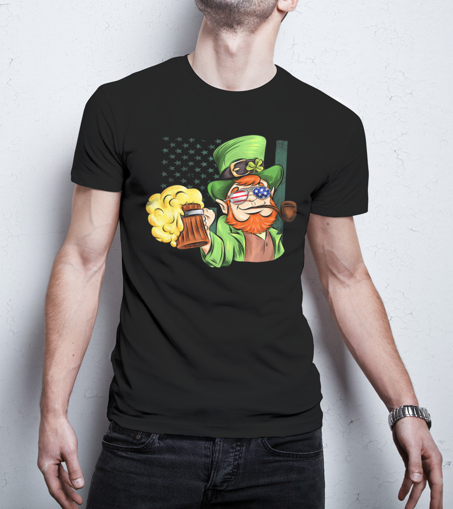 Funny Drunk Patriotic Leprechaun Beer Mug With Shamrock Hat And American Flag Sunglasses T-Shirt