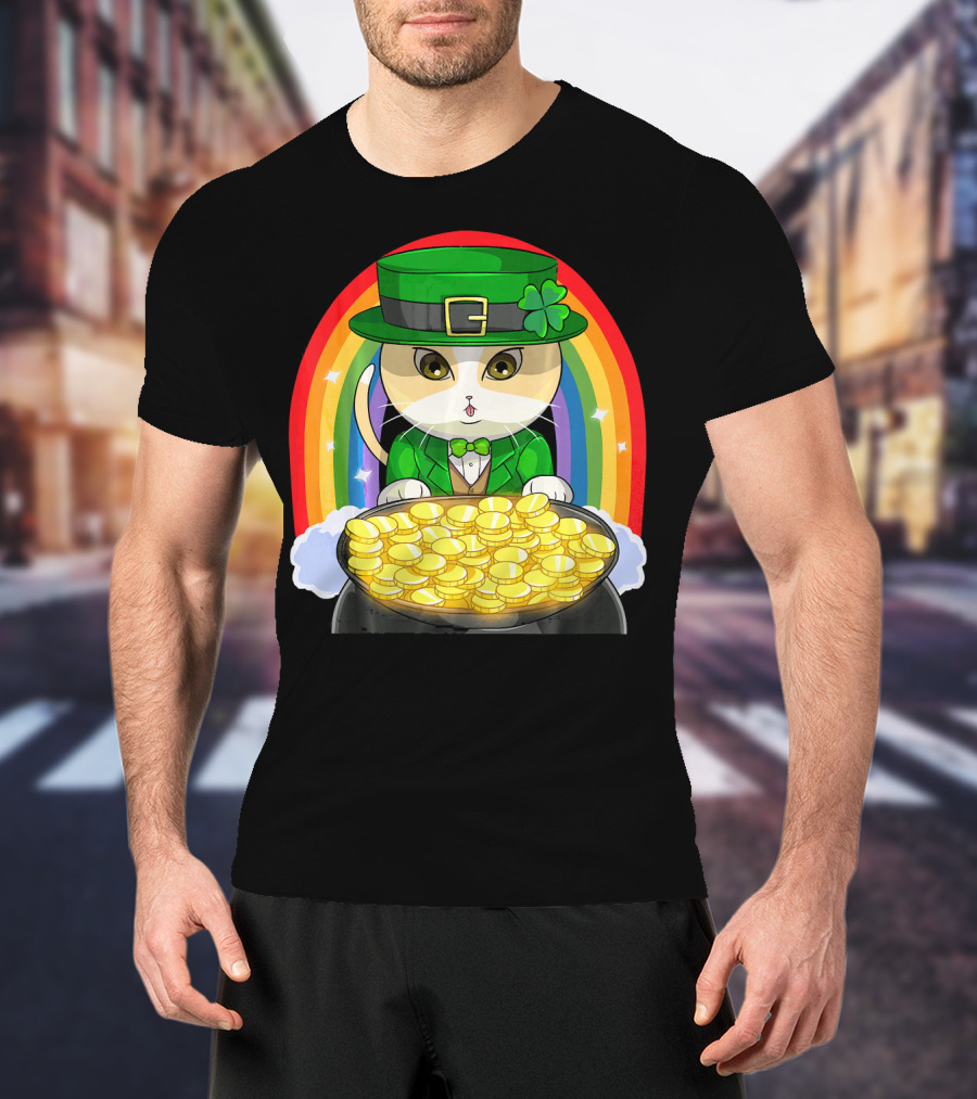 Exotic Cat Leprechaun Pot Of Gold Rainbow Happy St Patricks T-Shirt