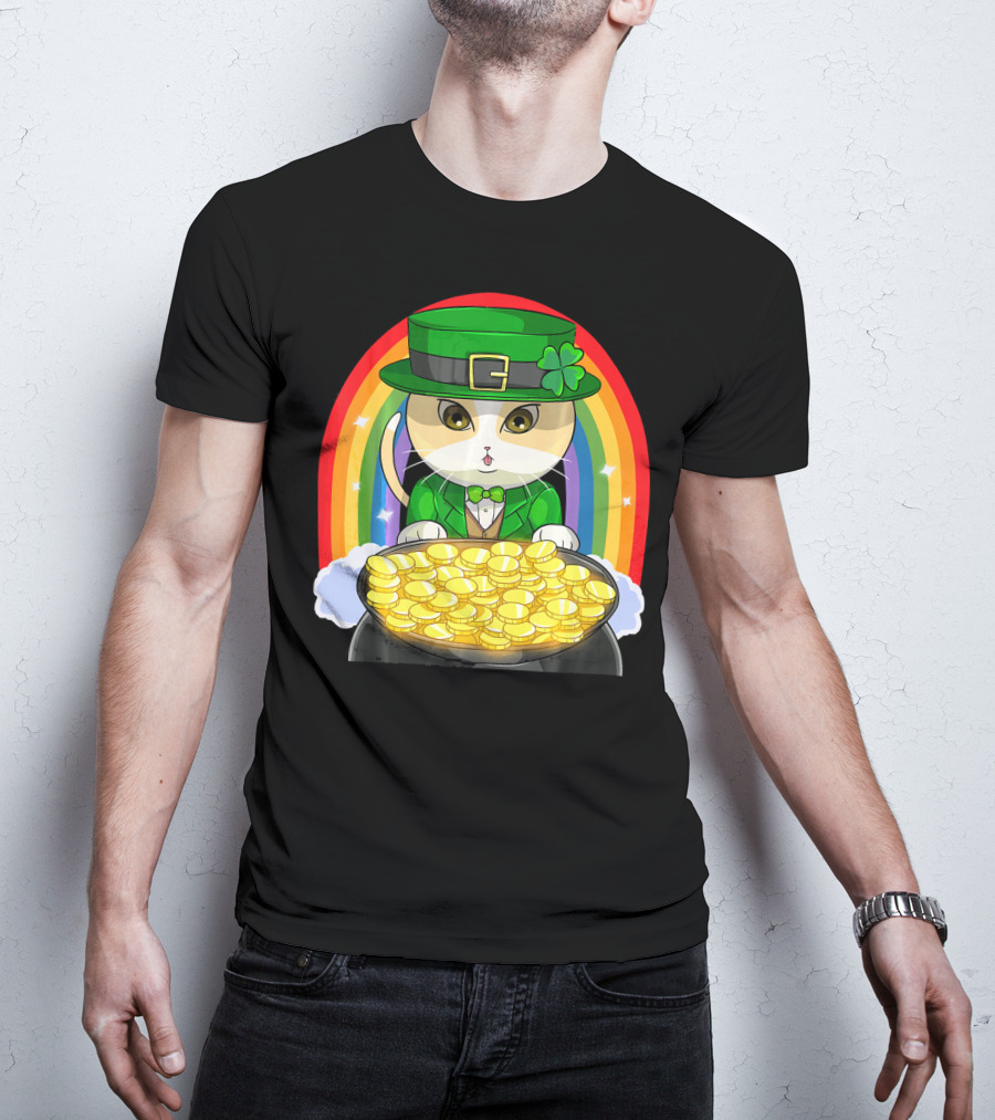 Exotic Cat Leprechaun Pot Of Gold Rainbow Happy St Patricks T-Shirt