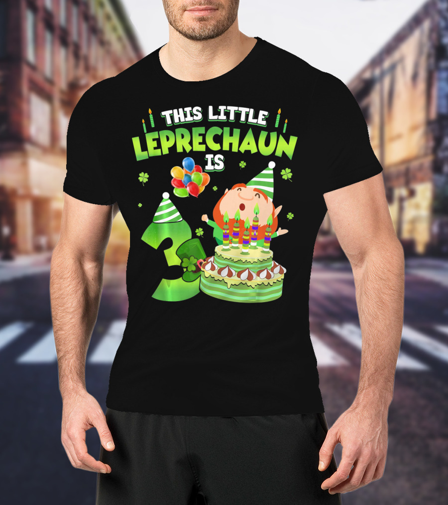 This Little Leprechaun Is 3 Birthday Celebration With Cake And Balloons T-Shirt