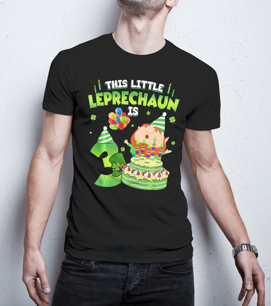 This Little Leprechaun Is 3 Birthday Celebration With Cake And Balloons T-Shirt