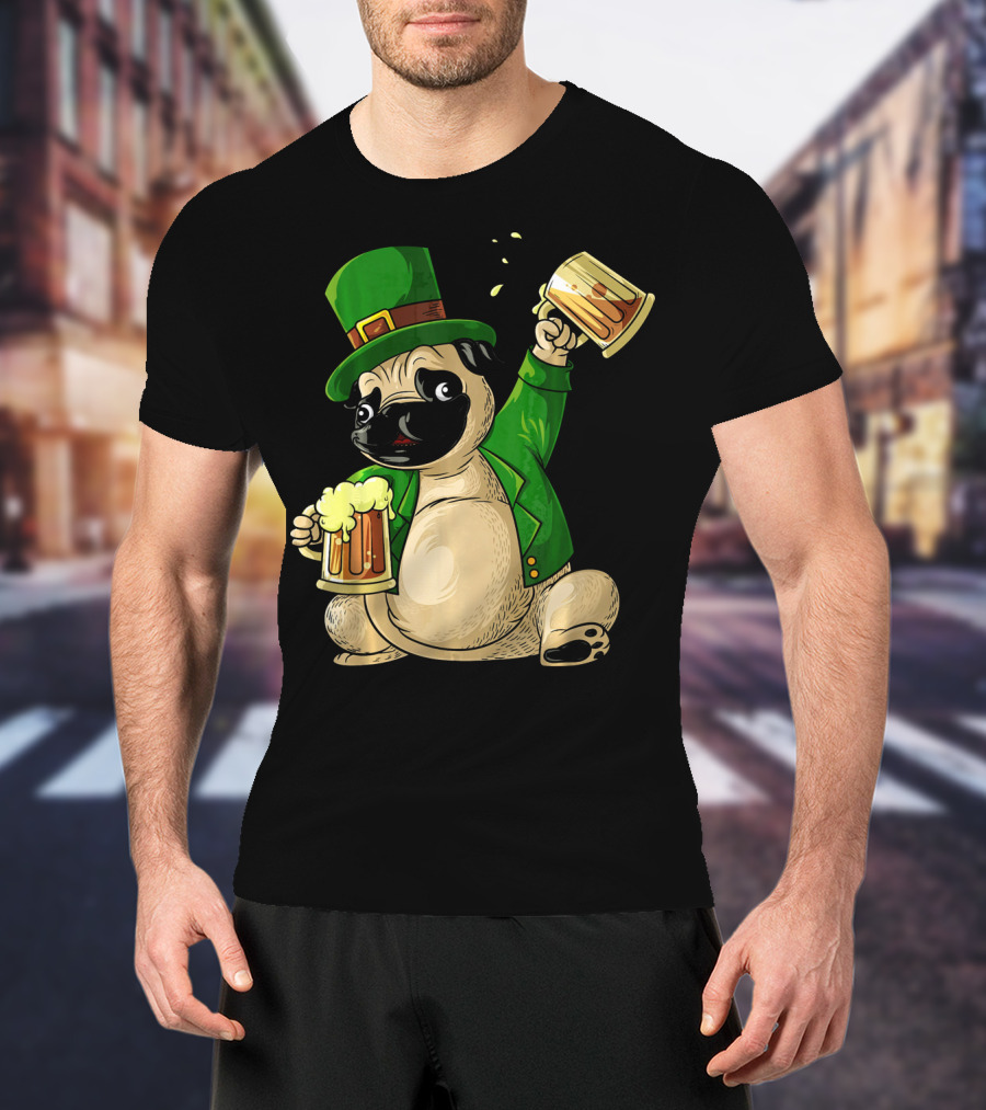 Irish Leprechaun Pug With Beer Mugs T-Shirt