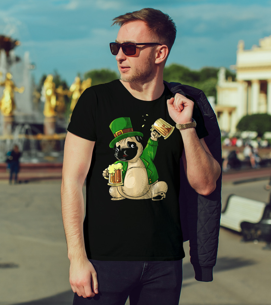 Irish Leprechaun Pug With Beer Mugs T-Shirt