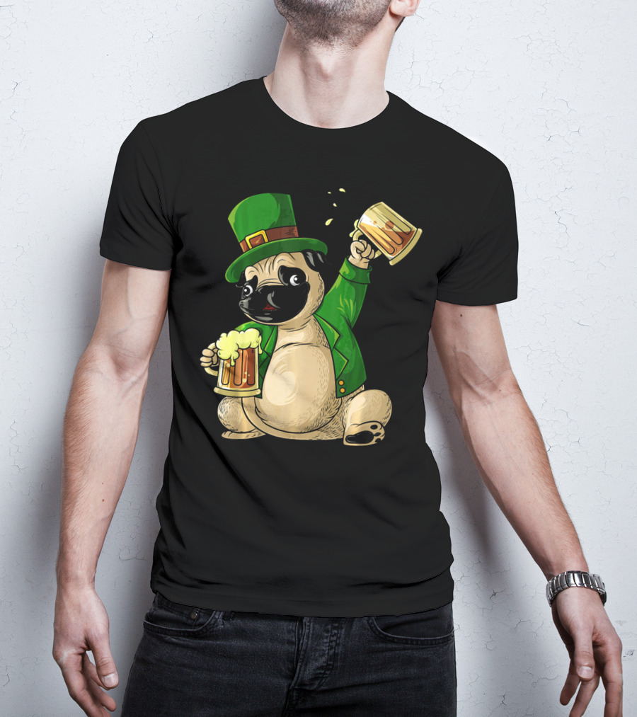 Irish Leprechaun Pug With Beer Mugs T-Shirt