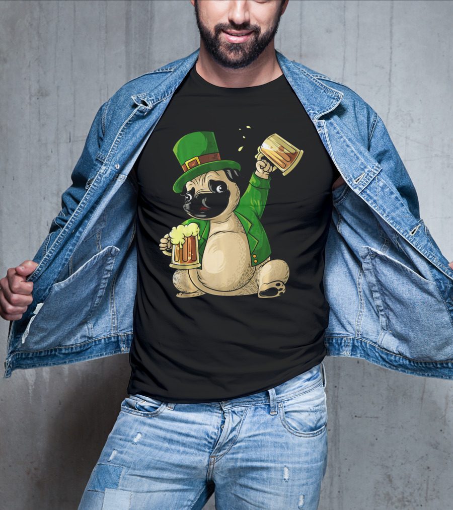 Irish Leprechaun Pug With Beer Mugs T-Shirt