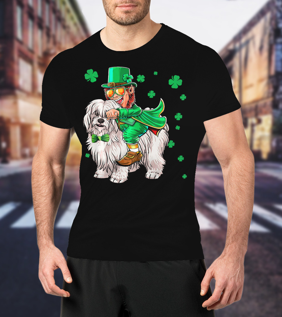 Leprechaun Riding Coton De Tulear With Shamrocks T-Shirt