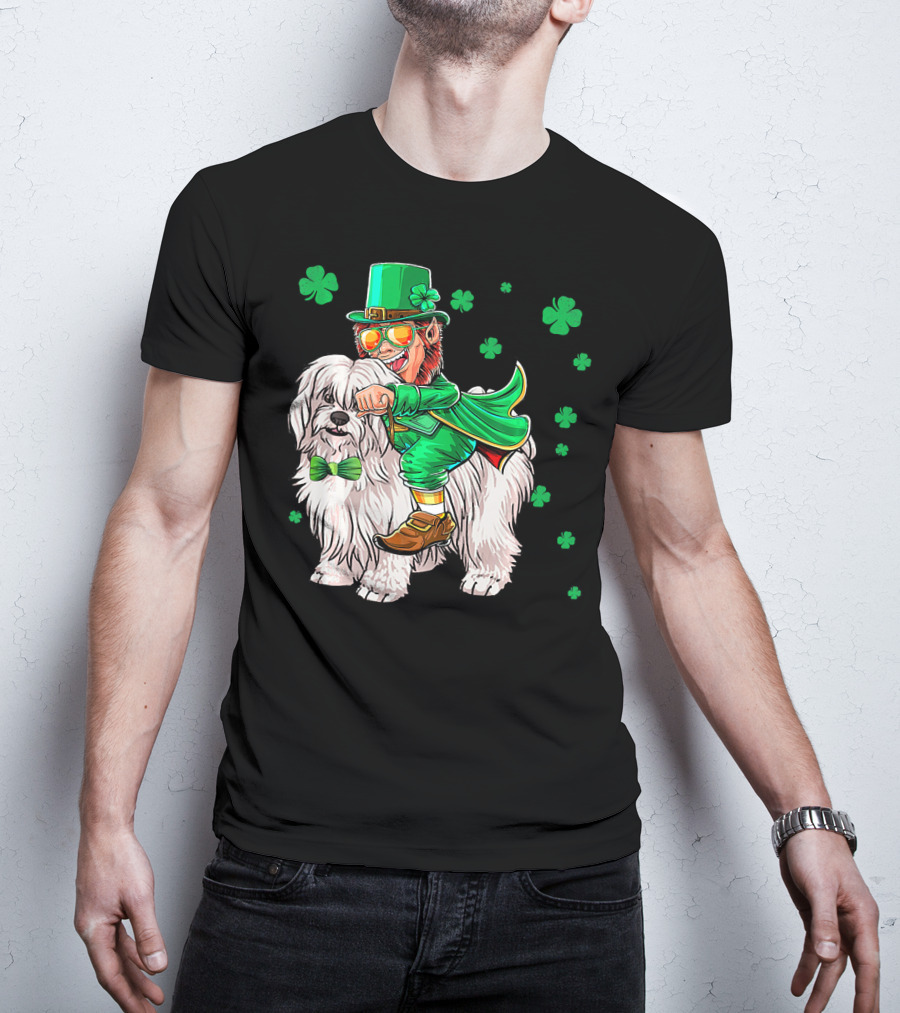Leprechaun Riding Coton De Tulear With Shamrocks T-Shirt