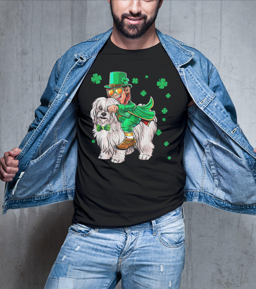 Leprechaun Riding Coton De Tulear With Shamrocks T-Shirt
