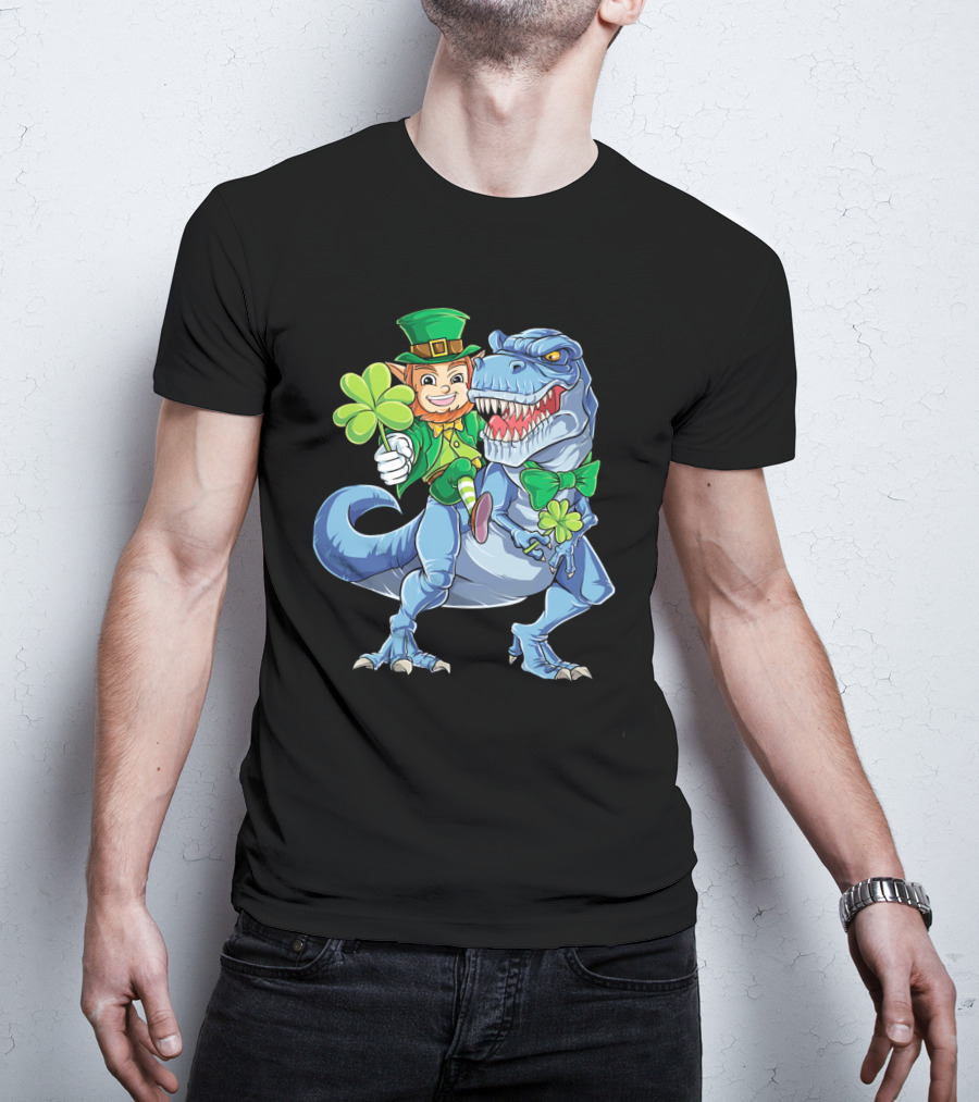 St Patricks Day Leprechaun Riding Dinosaur With Shamrock T-Shirt