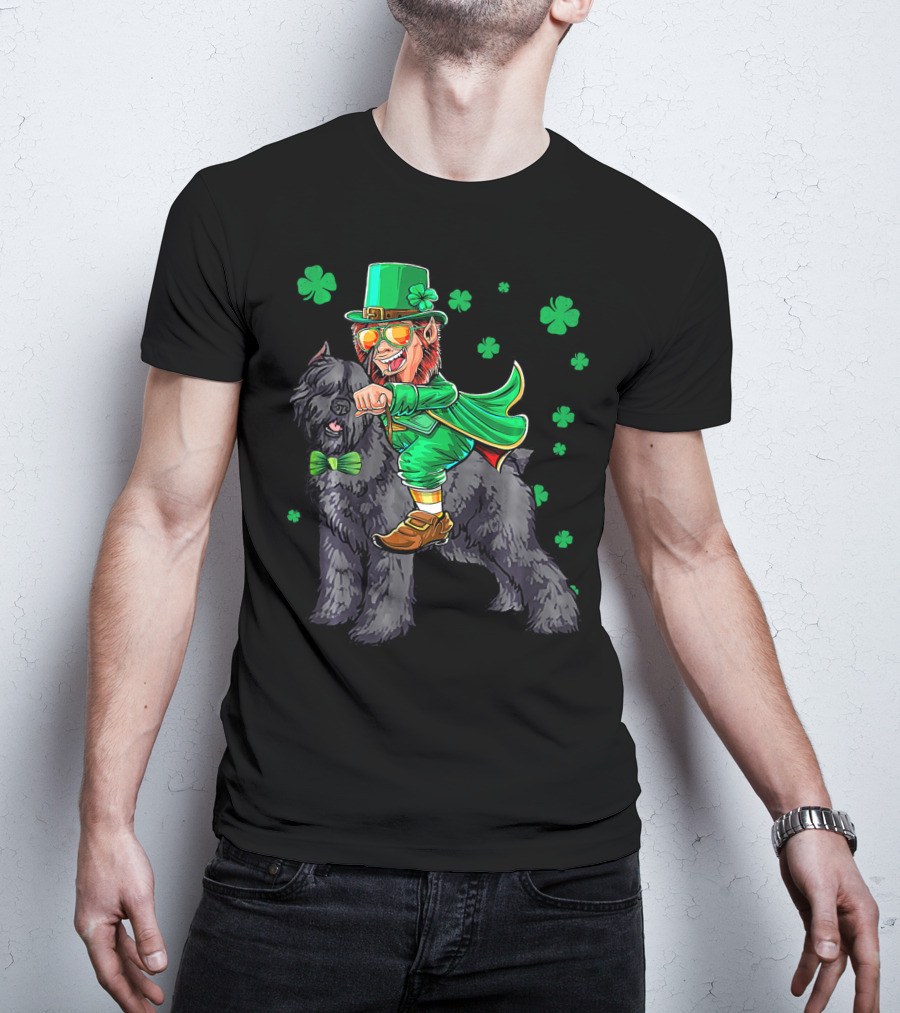 Leprechaun Riding Bouvier Des Flandres Surrounded By Shamrocks T-Shirt