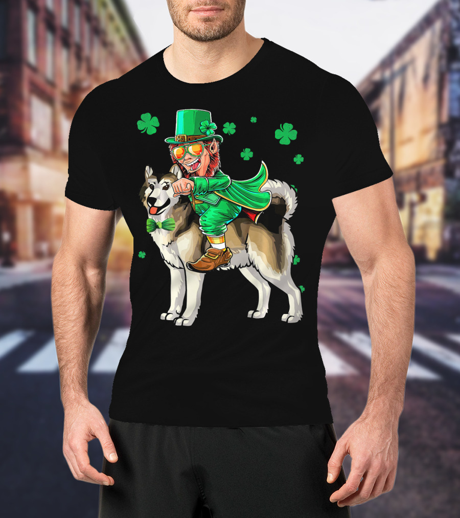 Leprechaun Riding Alaskan Malamute With Shamrocks T-Shirt