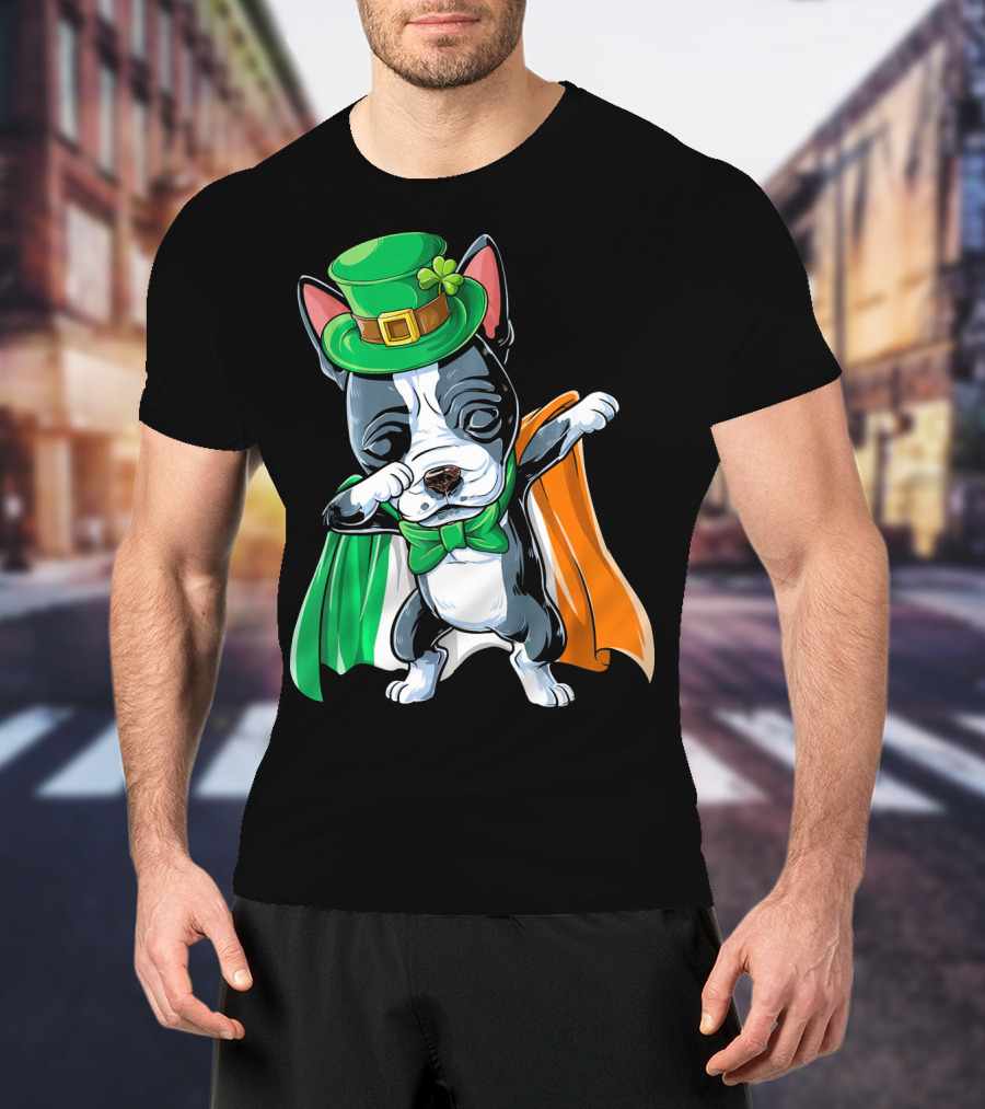 Dabbing Boston Terrier St. Patrick's Day Irish Flag Cape T-Shirt
