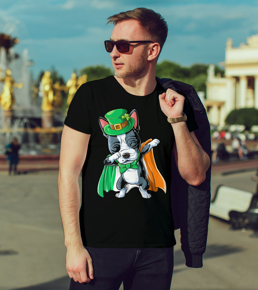 Dabbing Boston Terrier St. Patrick's Day Irish Flag Cape T-Shirt