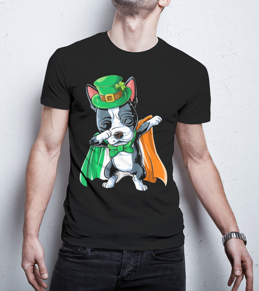 Dabbing Boston Terrier St. Patrick's Day Irish Flag Cape T-Shirt