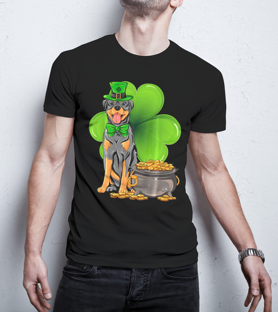 Rottweiler St Patricks Day Leprechaun With Shamrock And Gold Coins T-Shirt