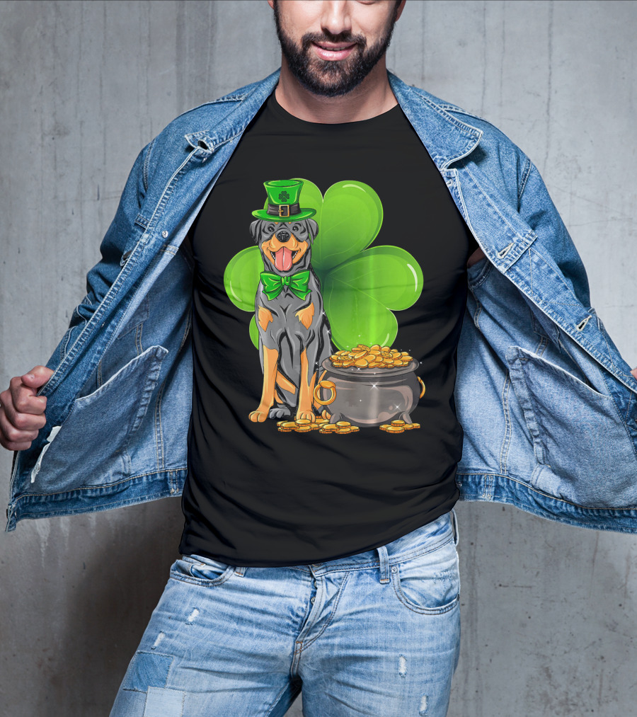 Rottweiler St Patricks Day Leprechaun With Shamrock And Gold Coins T-Shirt